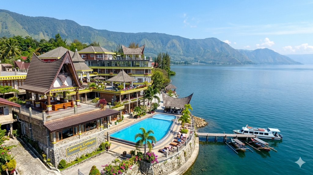 Pemandangan kolam renang Samosir Cottages Resort dengan arsitektur rumah adat Batak di pinggir Danau Toba.