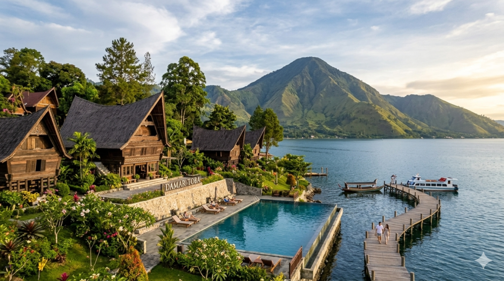 Suasana estetik Damar Toba dengan jembatan kayu dan bangunan kayu tradisional di tepian Samosir.