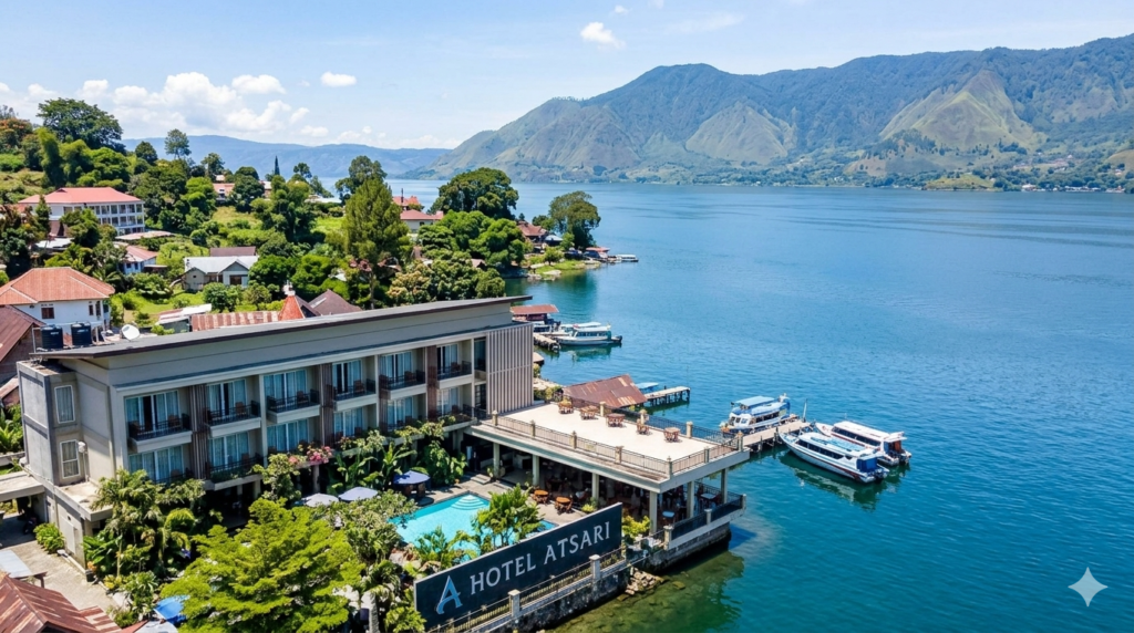 Fasad Hotel Atsari Parapat yang modern dengan pemandangan dermaga kapal dan perairan Danau Toba.