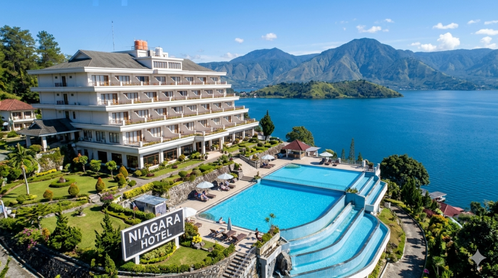 View Niagara Hotel Parapat dari ketinggian yang memperlihatkan kolam renang mewah dan panorama biru Danau Toba.