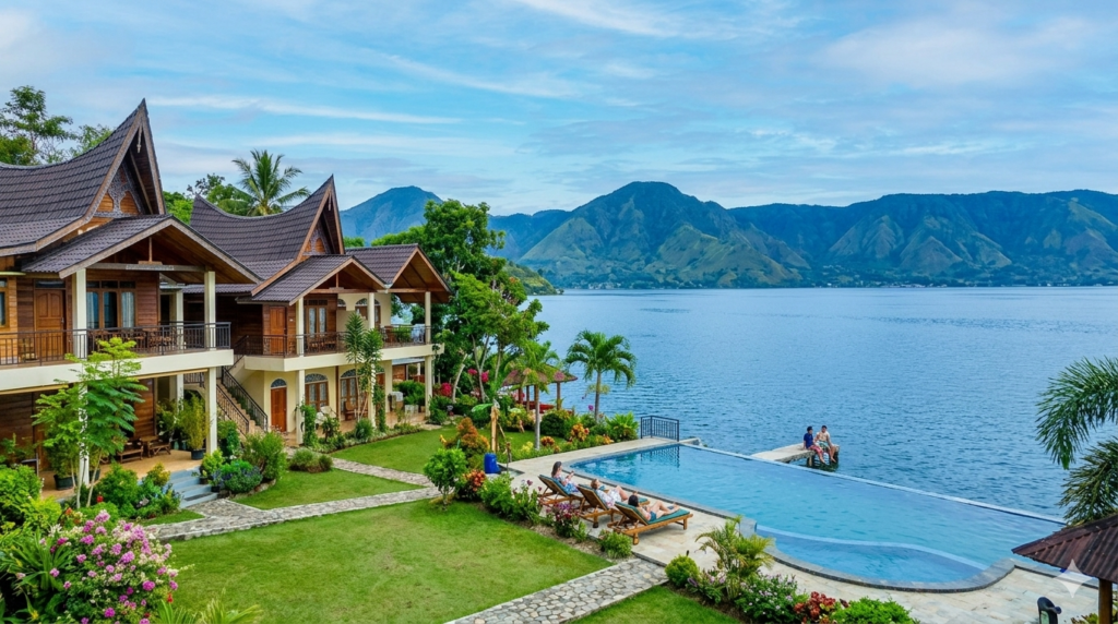 Suasana asri penginapan Tabo Cottages Samosir dengan taman hijau dan view pegunungan Danau Toba.